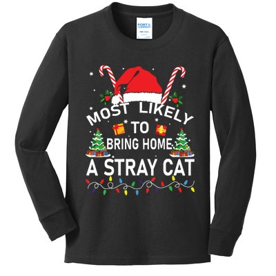 Most Likely To Bring Home A Stray Cat Christmas Matching Kids Long Sleeve Shirt