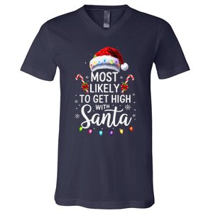 Most Likely To Get High With Santa Christmas Funny V-Neck T-Shirt