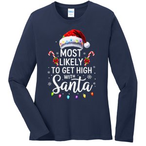 Most Likely To Get High With Santa Christmas Funny Ladies Long Sleeve Shirt