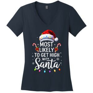 Most Likely To Get High With Santa Christmas Funny Women's V-Neck T-Shirt