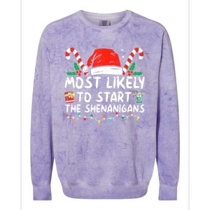 Most Likely To Start The Shenanigans Christmas Family Colorblast Crewneck Sweatshirt