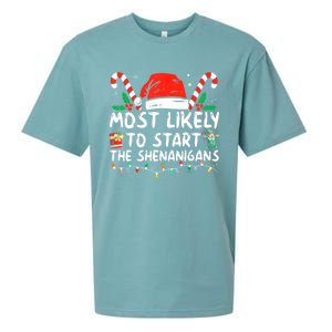 Most Likely To Start The Shenanigans Christmas Family Sueded Cloud Jersey T-Shirt