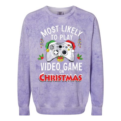 Most Likely To Play Video Games On Christmas Xmas Lights Colorblast Crewneck Sweatshirt