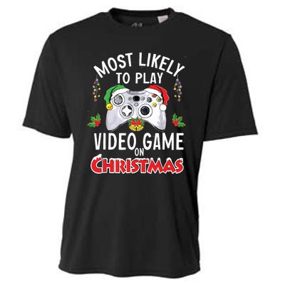 Most Likely To Play Video Games On Christmas Xmas Lights Cooling Performance Crew T-Shirt