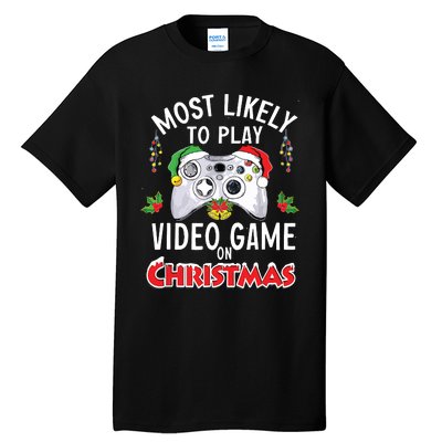 Most Likely To Play Video Games On Christmas Xmas Lights Tall T-Shirt