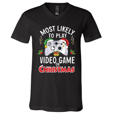 Most Likely To Play Video Games On Christmas Xmas Lights V-Neck T-Shirt