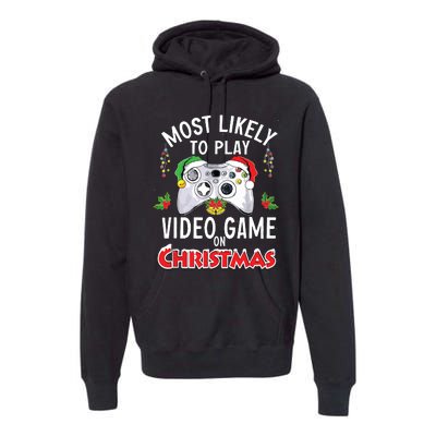 Most Likely To Play Video Games On Christmas Xmas Lights Premium Hoodie