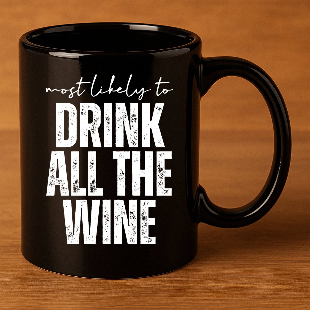 Most Likely To Drink All The Wine Funny Gift 11oz C Handle Ceramic Mug