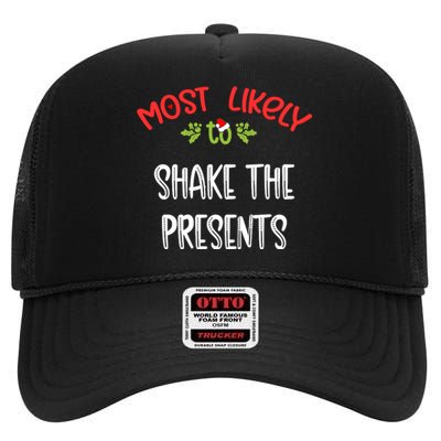 Most Likely To Christmas Shake The Presents Family Group High Crown Mesh Back Trucker Hat