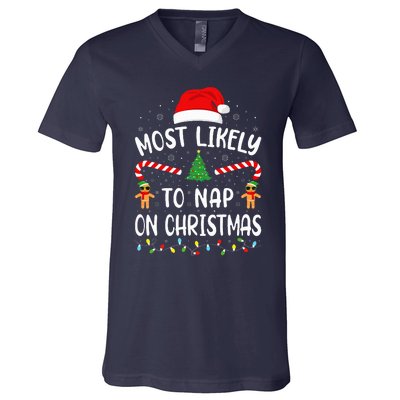 Most Likely To Nap On Christmas Squad Family Joke Costume  V-Neck T-Shirt