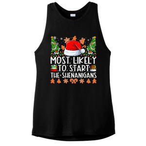 Most Likely To Start The Shenanigans Family Christmas Ladies PosiCharge Tri-Blend Wicking Tank