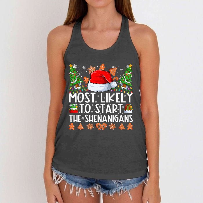 Most Likely To Start The Shenanigans Family Christmas Women's Knotted Racerback Tank