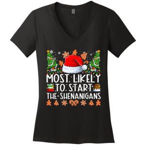 Most Likely To Start The Shenanigans Family Christmas Women's V-Neck T-Shirt