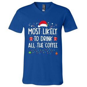 Most Likely To Drink All The Coffee Funny Family Christmas  V-Neck T-Shirt