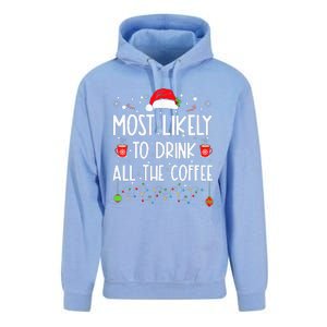 Most Likely To Drink All The Coffee Funny Family Christmas  Unisex Surf Hoodie