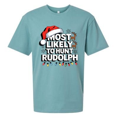 Most Likely To Hunt Matching Funny Christmas Santa Sueded Cloud Jersey T-Shirt