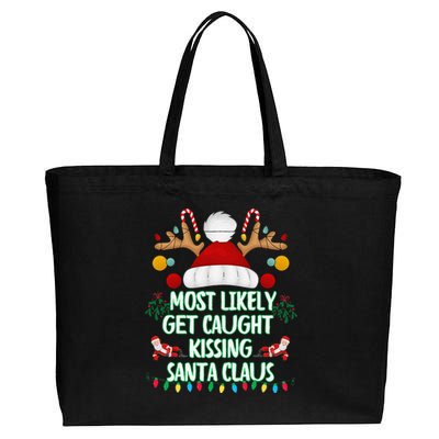 Most Likely To Get Caught Kissing Santa Claus Christmas Cotton Canvas Jumbo Tote