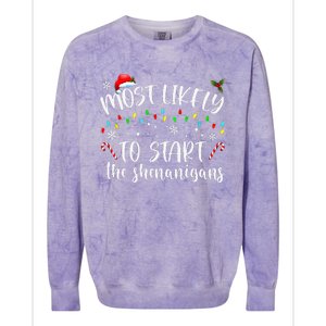 Most Likely To Start The Shenanigans Christmas Family Colorblast Crewneck Sweatshirt