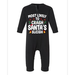 Most Likely To Crash Santas Sleigh Funny Christmas Infant Fleece One Piece