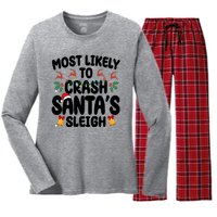 Most Likely To Crash Santas Sleigh Funny Christmas Women's Long Sleeve Flannel Pajama Set 