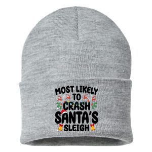 Most Likely To Crash Santas Sleigh Funny Christmas Sustainable Knit Beanie