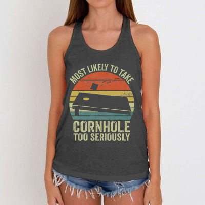 Most Likely To Take Cornhole Too Seriously Cornhole Women's Knotted Racerback Tank