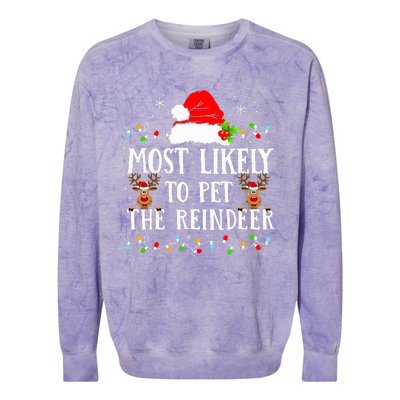 Most Likely To Pet The Reindeer Funny Christmas Family Colorblast Crewneck Sweatshirt