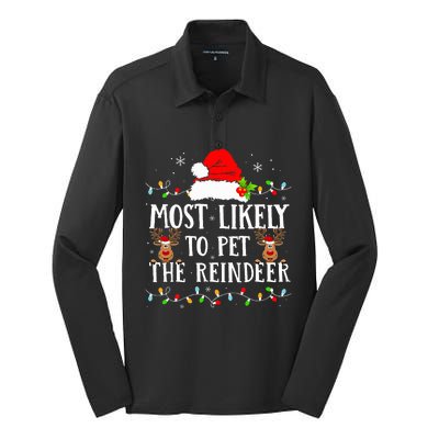 Most Likely To Pet The Reindeer Funny Christmas Family Silk Touch Performance Long Sleeve Polo