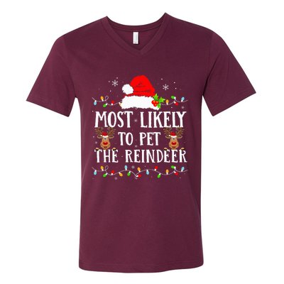 Most Likely To Pet The Reindeer Funny Christmas Family V-Neck T-Shirt