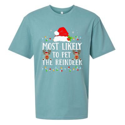 Most Likely To Pet The Reindeer Funny Christmas Family Sueded Cloud Jersey T-Shirt