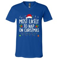 Most Likely To Nap On Christmas Family Christmas Pajamas V-Neck T-Shirt