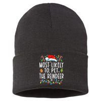 Most Likely To Pet The Reindeer Funny Christmas Pajamas Sustainable Knit Beanie