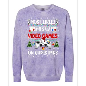 Most Likely To Play Video Games On Christmas Funny Gifts Colorblast Crewneck Sweatshirt