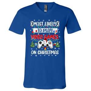 Most Likely To Play Video Games On Christmas Funny Gifts V-Neck T-Shirt