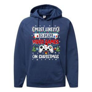 Most Likely To Play Video Games On Christmas Funny Gifts Performance Fleece Hoodie