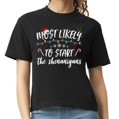 Most Likely To Start Shenanigans Funny Christmas Comfort Colors Boxy T-Shirt