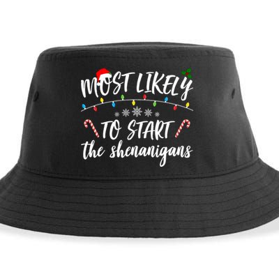 Most Likely To Start Shenanigans Funny Christmas Sustainable Bucket Hat