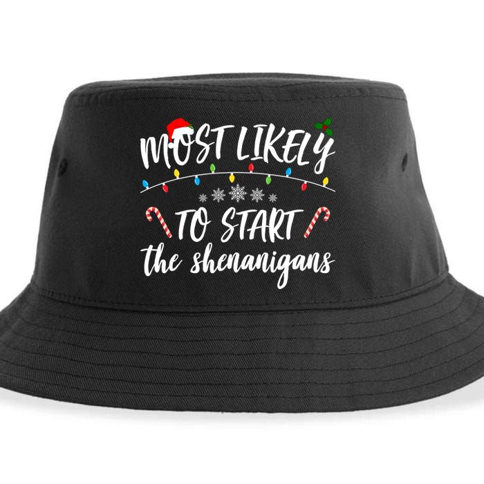 Most Likely To Start Shenanigans Funny Christmas Sustainable Bucket Hat