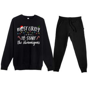 Most Likely To Start Shenanigans Funny Christmas Premium Crewneck Sweatsuit Set