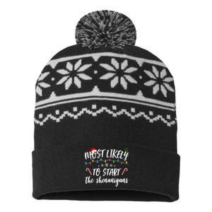 Most Likely To Start Shenanigans Funny Christmas USA-Made Snowflake Beanie