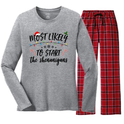 Most Likely To Start Shenanigans Funny Christmas Women's Long Sleeve Flannel Pajama Set 