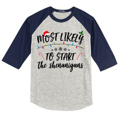 Most Likely To Start Shenanigans Funny Christmas Kids Colorblock Raglan Jersey