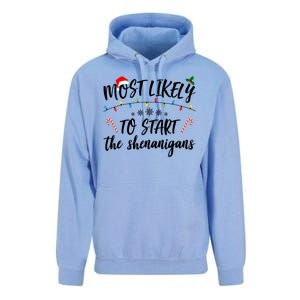 Most Likely To Start Shenanigans Funny Christmas Unisex Surf Hoodie