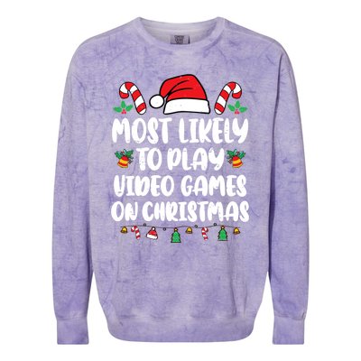 Most Likely To Play Video Games On Christmas Xmas Light Kids Colorblast Crewneck Sweatshirt