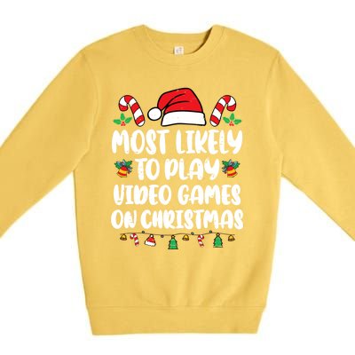 Most Likely To Play Video Games On Christmas Xmas Light Kids Premium Crewneck Sweatshirt