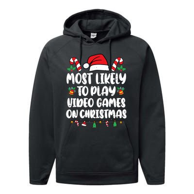 Most Likely To Play Video Games On Christmas Xmas Light Kids Performance Fleece Hoodie