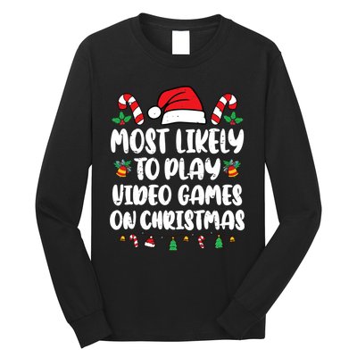 Most Likely To Play Video Games On Christmas Xmas Light Kids Long Sleeve Shirt