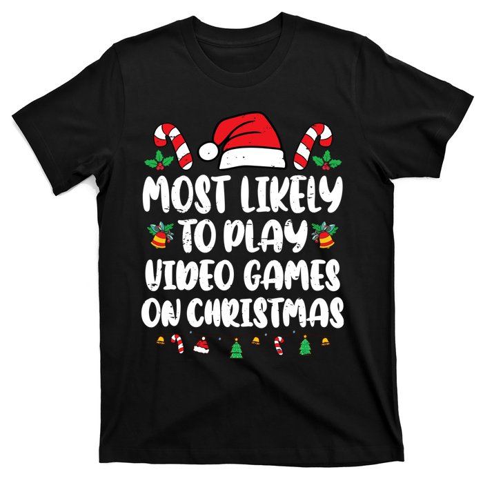 Most Likely To Play Video Games On Christmas Xmas Light Kids T-Shirt