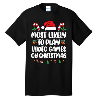 Most Likely To Play Video Games On Christmas Xmas Light Kids Tall T-Shirt