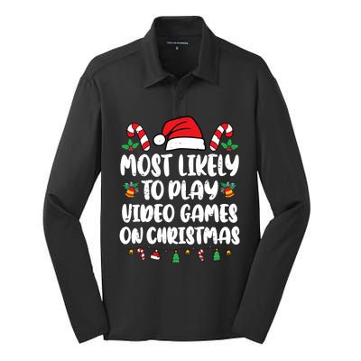 Most Likely To Play Video Games On Christmas Xmas Light Kids Silk Touch Performance Long Sleeve Polo